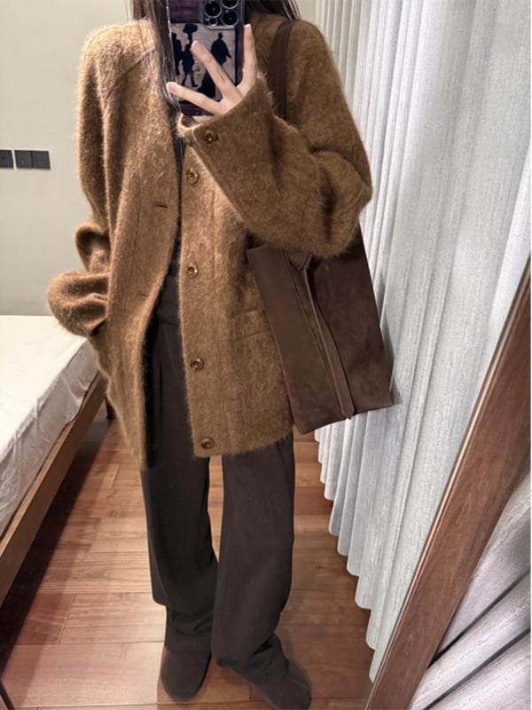 Palton din lână cu decolteu în V, lungime medie, mâneci lungi, stil casual japonez-coreean