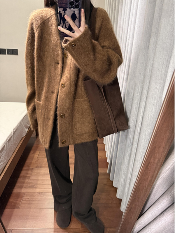 Palton din lână cu decolteu în V, lungime medie, mâneci lungi, stil casual japonez-coreean