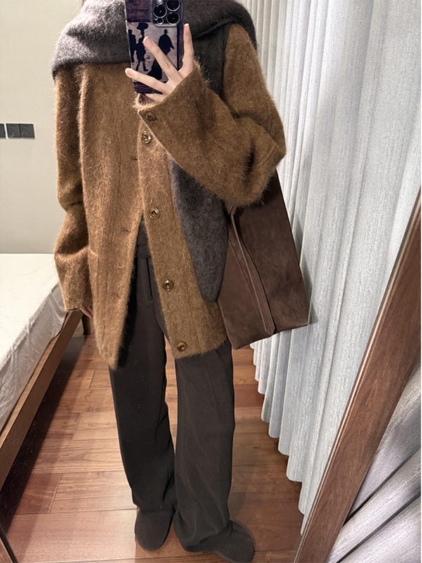 Palton din lână cu decolteu în V, lungime medie, mâneci lungi, stil casual japonez-coreean