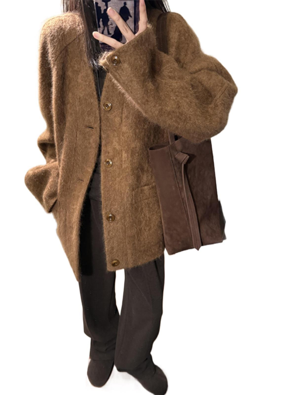 Palton din lână cu decolteu în V, lungime medie, mâneci lungi, stil casual japonez-coreean