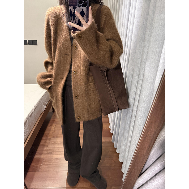 Palton din lână cu decolteu în V, lungime medie, mâneci lungi, stil casual japonez-coreean