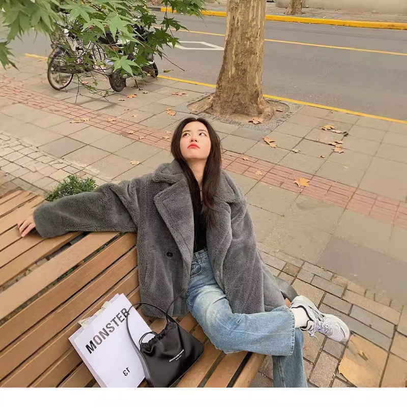 Palton din blană de miel, croială scurtă, guler polo, țesătură cașmir, mâneci lungi, pentru femei adulte, primăvara 2022