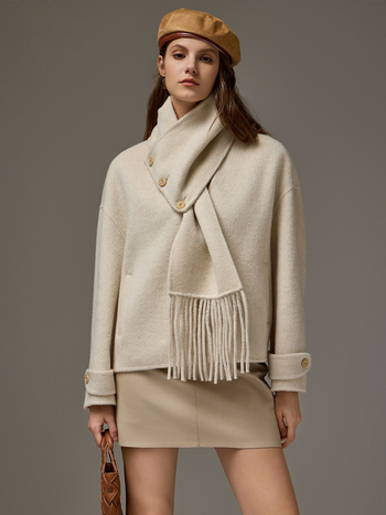 Ženski vuneni kaput s odvojljivim dvostrukim svileno-kamelskim vlaknom, ovratnik šal, kratka silhueta, debeli materijal, zima 2024