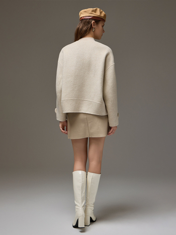 Ženski vuneni kaput s odvojljivim dvostrukim svileno-kamelskim vlaknom, ovratnik šal, kratka silhueta, debeli materijal, zima 2024