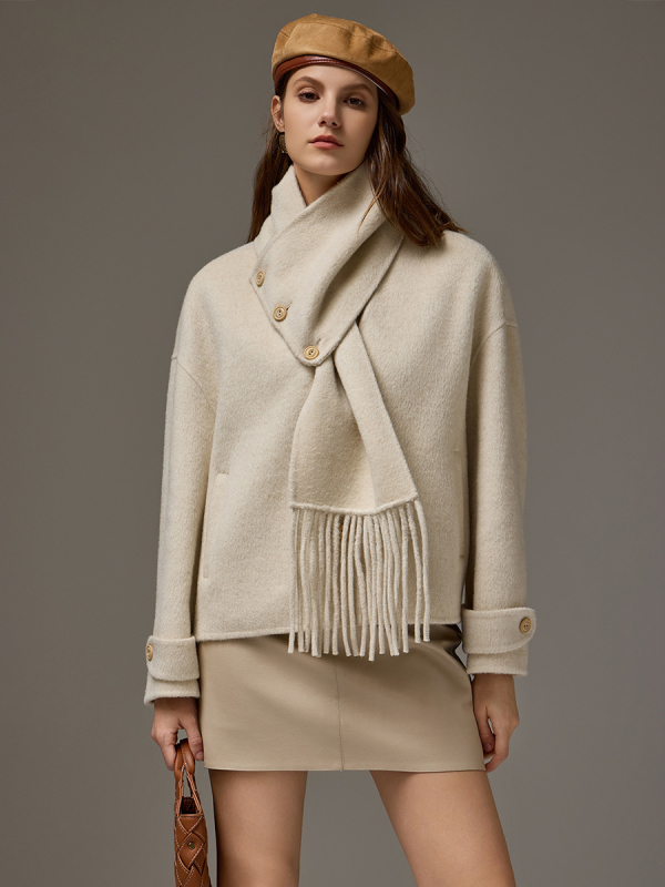 Ženski vuneni kaput s odvojljivim dvostrukim svileno-kamelskim vlaknom, ovratnik šal, kratka silhueta, debeli materijal, zima 2024
