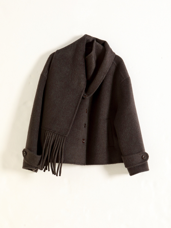 Ženski vuneni kaput s odvojljivim dvostrukim svileno-kamelskim vlaknom, ovratnik šal, kratka silhueta, debeli materijal, zima 2024