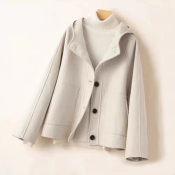 Ženski dvostrani vuneni kaput od Chenille materijala, jednofarbni, kratki kroj, kapuljača, jednostruko kopčanje, džepovi