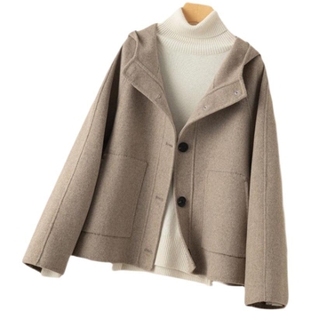 Ženski dvostrani vuneni kaput od Chenille materijala, jednofarbni, kratki kroj, kapuljača, jednostruko kopčanje, džepovi