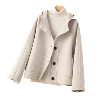 Ženski dvostrani vuneni kaput od Chenille materijala, jednofarbni, kratki kroj, kapuljača, jednostruko kopčanje, džepovi