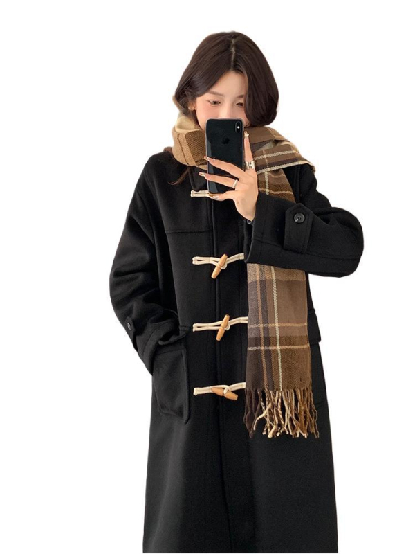 Ženski kaput srednje dužine s gumbima od roga, jednobojni, debela mješavina vune i kašmira, dugi rukavi, slobodan kroj, jesen 2025