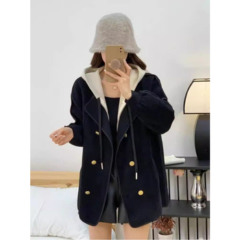 Palton Chenille-Spandex pentru femei, guler din blană, nasturi dublu-rând, lungime scurtă, talie înaltă