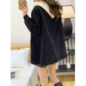 Palton Chenille-Spandex pentru femei, guler din blană, nasturi dublu-rând, lungime scurtă, talie înaltă