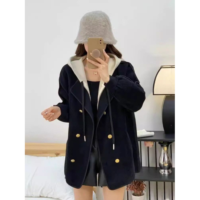 Palton Chenille-Spandex pentru femei, guler din blană, nasturi dublu-rând, lungime scurtă, talie înaltă