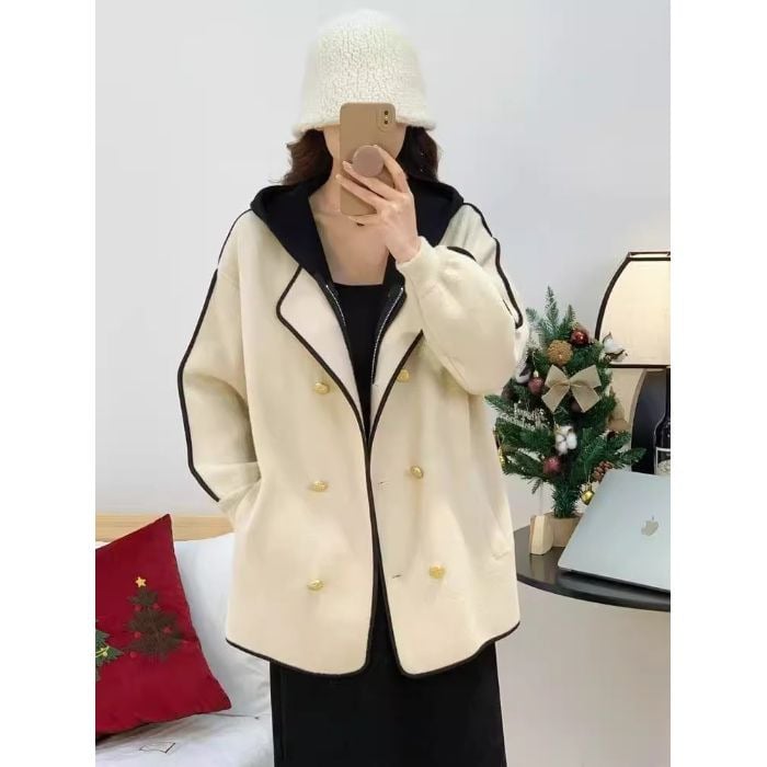 Palton Chenille-Spandex pentru femei, guler din blană, nasturi dublu-rând, lungime scurtă, talie înaltă