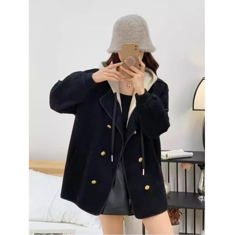 Palton Chenille-Spandex pentru femei, guler din blană, nasturi dublu-rând, lungime scurtă, talie înaltă