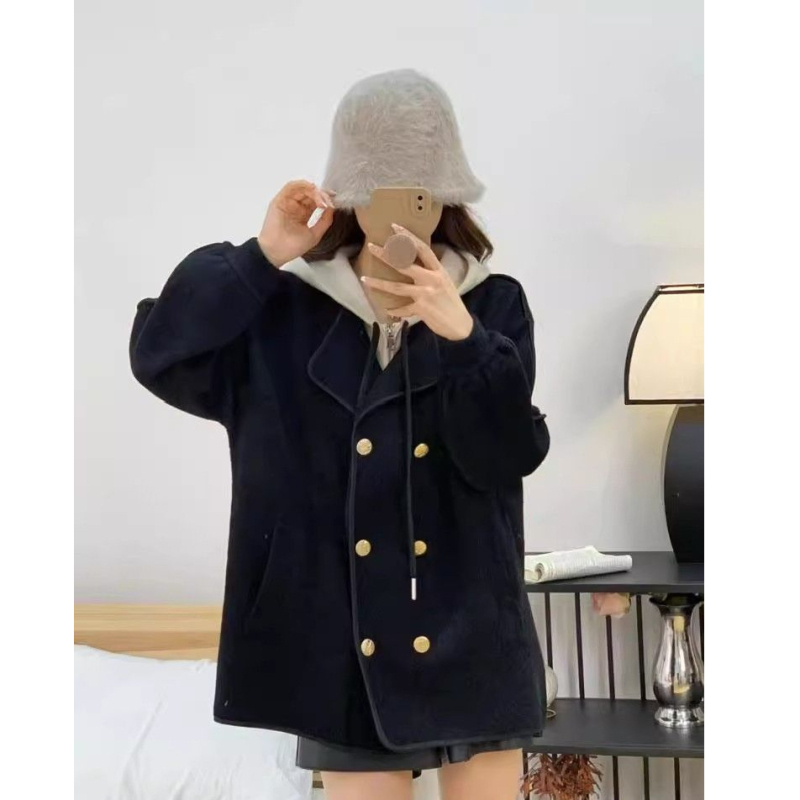 Palton Chenille-Spandex pentru femei, guler din blană, nasturi dublu-rând, lungime scurtă, talie înaltă