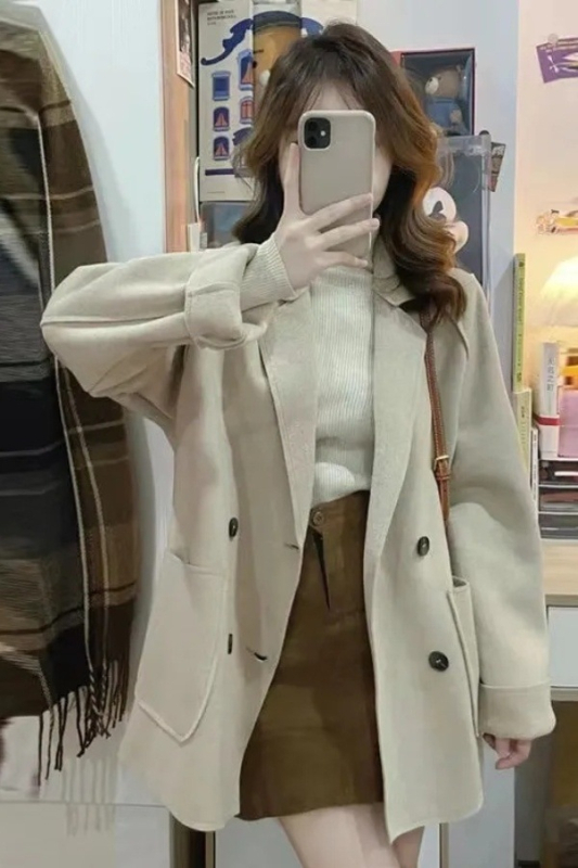 Kratko chenille kaput - proljeće 2025, japansko-korejski ležerni stil, četvrtasti ovratnik, rukavi 3/4, smjesa elastana (<30% glavnog materijala>)