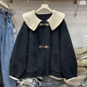 Korejskog stila chenille vuneni kaput za žene, ležeran kroj, color-block dizajn s velikim ovratnikom, kratka duljina, rukavi 3/4, zatvaranje na gumbe