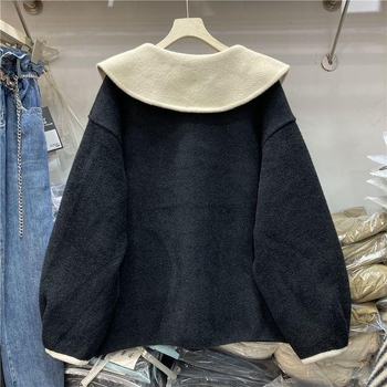 Korejskog stila chenille vuneni kaput za žene, ležeran kroj, color-block dizajn s velikim ovratnikom, kratka duljina, rukavi 3/4, zatvaranje na gumbe