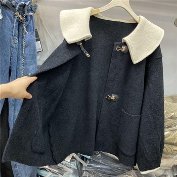 Korejskog stila chenille vuneni kaput za žene, ležeran kroj, color-block dizajn s velikim ovratnikom, kratka duljina, rukavi 3/4, zatvaranje na gumbe