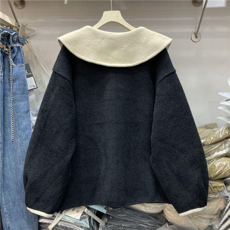 Korejskog stila chenille vuneni kaput za žene, ležeran kroj, color-block dizajn s velikim ovratnikom, kratka duljina, rukavi 3/4, zatvaranje na gumbe