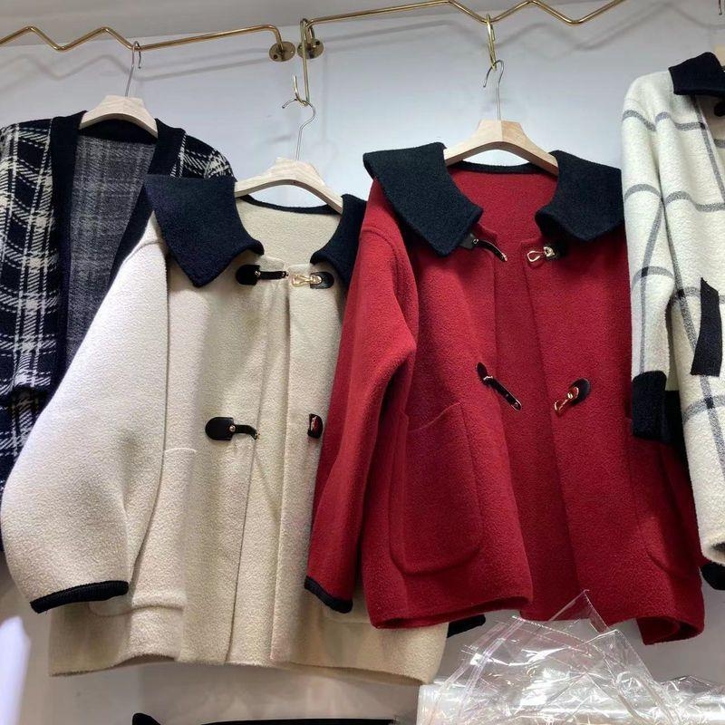 Korejskog stila chenille vuneni kaput za žene, ležeran kroj, color-block dizajn s velikim ovratnikom, kratka duljina, rukavi 3/4, zatvaranje na gumbe