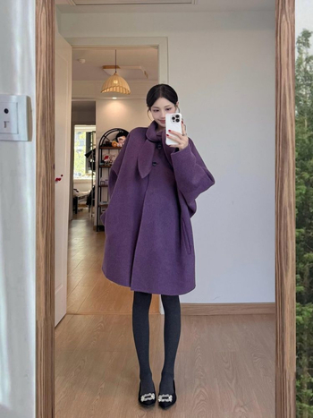 Chenille kaput sa šalom-ovratnikom, široki kroj, kratka duljina, smjesa spandexa