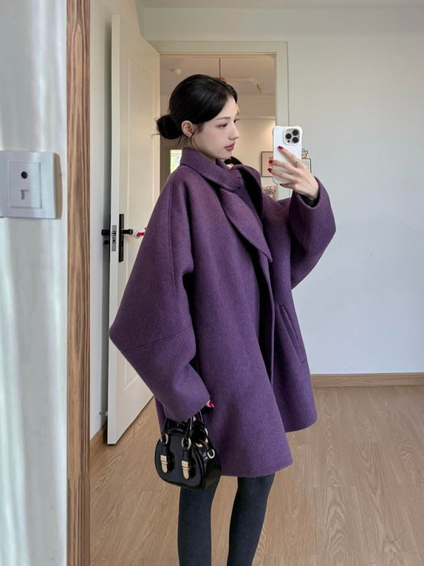 Chenille kaput sa šalom-ovratnikom, široki kroj, kratka duljina, smjesa spandexa