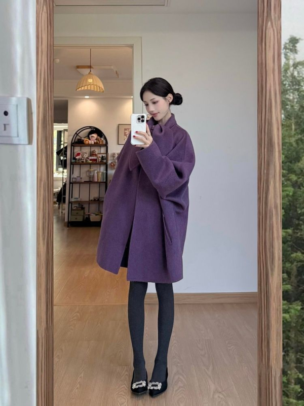 Chenille kaput sa šalom-ovratnikom, široki kroj, kratka duljina, smjesa spandexa