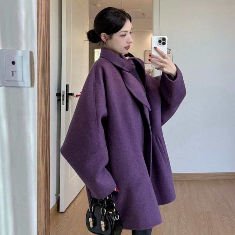 Chenille kaput sa šalom-ovratnikom, široki kroj, kratka duljina, smjesa spandexa