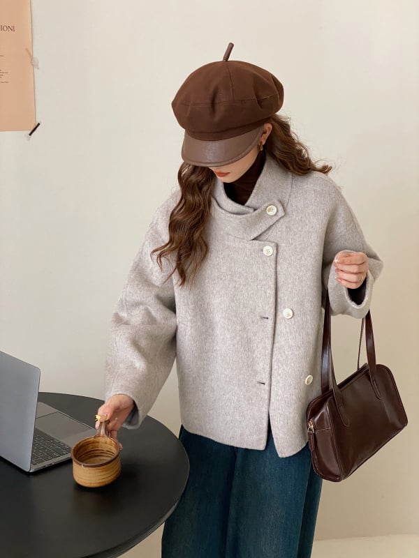 Ženski kratki vuneni kaput, dvostrani, korejskog stila, stojeći ovratnik, duljina 40-50 cm