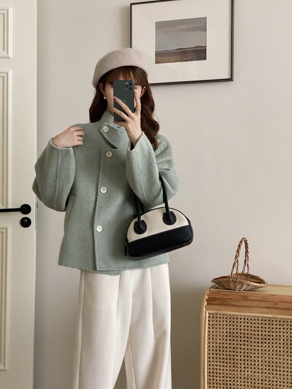 Ženski kratki vuneni kaput, dvostrani, korejskog stila, stojeći ovratnik, duljina 40-50 cm