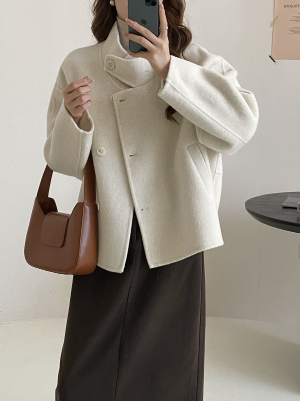 Ženski kratki vuneni kaput, dvostrani, korejskog stila, stojeći ovratnik, duljina 40-50 cm