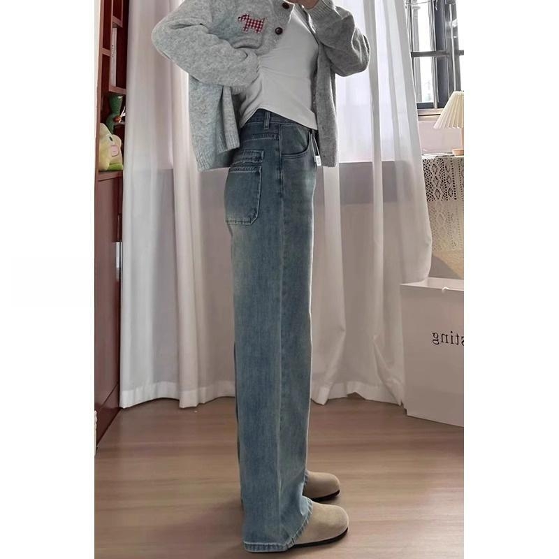 Jeansi din denim cu talie înaltă și croială largă, 50-70% bumbac, greutate medie