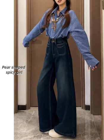 Ženske traperice s širokim krojem, visokim strukom, dugačke do poda, s višestrukim džepovima