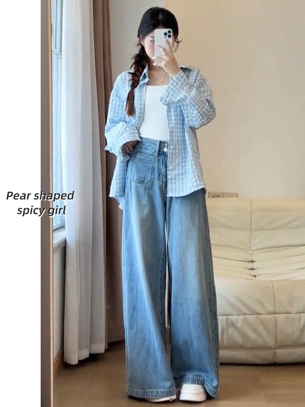 Ženske traperice s širokim krojem, visokim strukom, dugačke do poda, s višestrukim džepovima