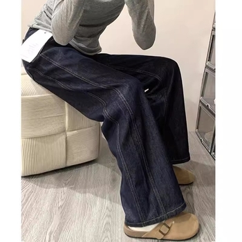 Jean din denim pentru femei, talie înaltă, croială dreaptă‑lată, detaliu patchwork, material gros, toamnă 2025