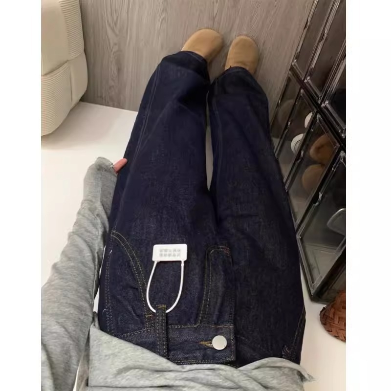 Jean din denim pentru femei, talie înaltă, croială dreaptă‑lată, detaliu patchwork, material gros, toamnă 2025