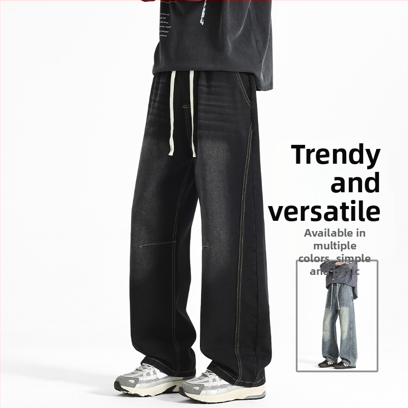 Meeste denimipüksid sirge lõikega, keskmine vöökoht, puuvillane materjal, kerge elastus, nooruslik energiline stiil.