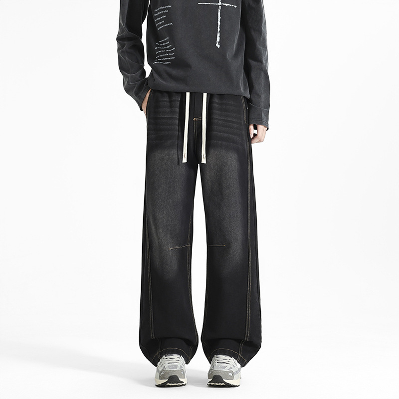 Мъжки дънкови панталони с прав крак, средна талия, памучна материя, лека еластичност, младежки енергичен стил.