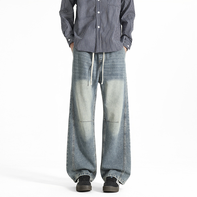 Мъжки дънкови панталони с прав крак, средна талия, памучна материя, лека еластичност, младежки енергичен стил.