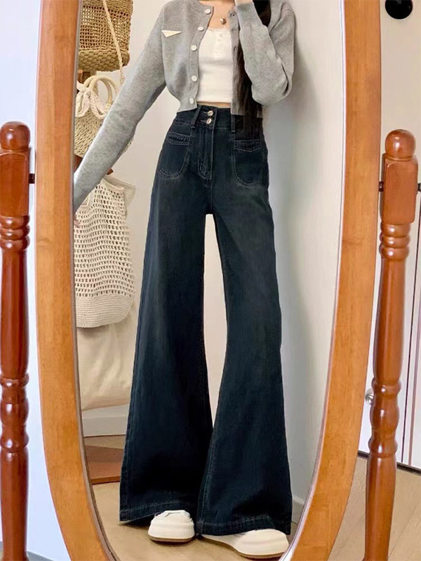 Τζιν από denim βαμβάκι, casual ευρύ παντελόνι, υψηλή μέση, κανονικό πάχος, άνοιξη 2025