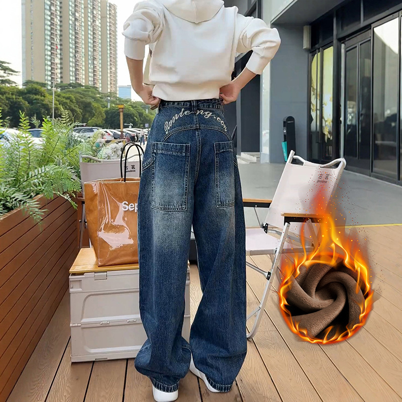 Γυναικείοι τζιν από ντένιμ, υψηλή μέση, φαρδιά γραμμή, παχιά ύφανση, χειμώνας 2025, 70-80% βαμβάκι, 20-30% πολυεστέρας