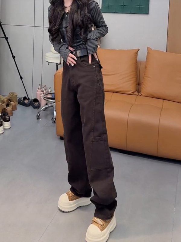 Τζιν γυναικών με υψηλή μέση και φαρδύ πόδι, denim ύφασμα, ραφές σε στυλ κολλάζ, 30-50% πολυεστέρας