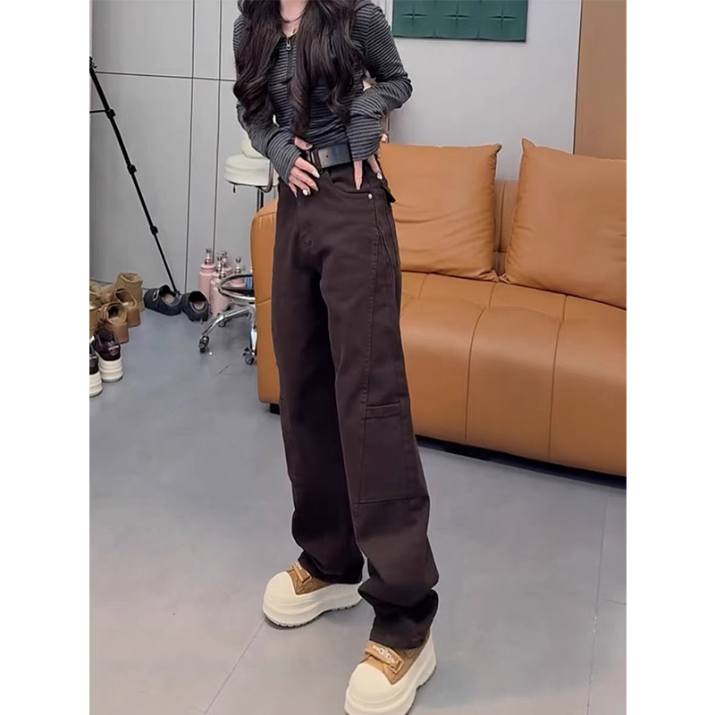 Τζιν γυναικών με υψηλή μέση και φαρδύ πόδι, denim ύφασμα, ραφές σε στυλ κολλάζ, 30-50% πολυεστέρας