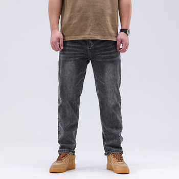 Мъжки дънки със свободен крой, средна талия, деним памук-еластан, 75.2% памук, 21.54% полиестер, 1.5% еластан, цип за ежедневна употреба