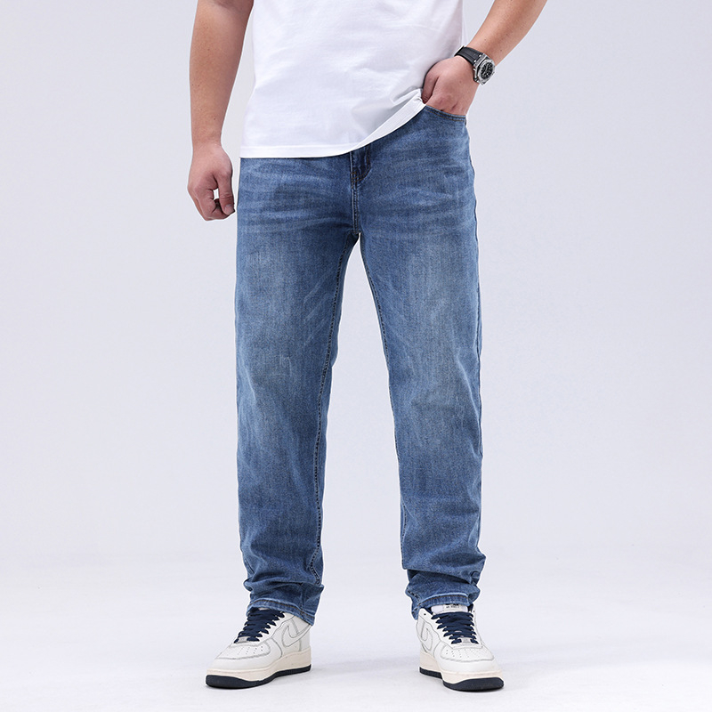 Мъжки дънки със свободен крой, средна талия, деним памук-еластан, 75.2% памук, 21.54% полиестер, 1.5% еластан, цип за ежедневна употреба