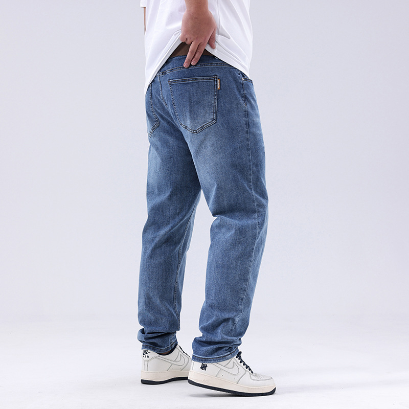 Мъжки дънки със свободен крой, средна талия, деним памук-еластан, 75.2% памук, 21.54% полиестер, 1.5% еластан, цип за ежедневна употреба