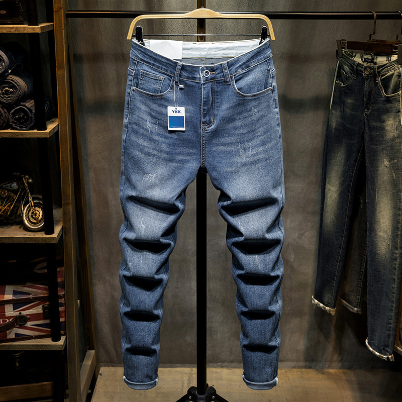 Мъжки дънки със свободен крой, средна талия, деним памук-еластан, 75.2% памук, 21.54% полиестер, 1.5% еластан, цип за ежедневна употреба