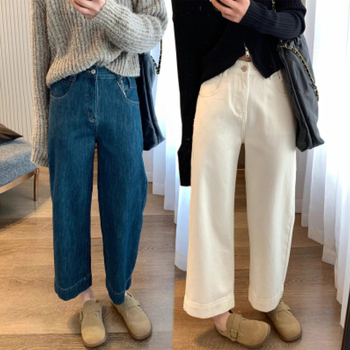 Blugi denim cu talie înaltă, lungime 9/10, croi drept (30–50% bumbac, microelasticitate, stil casual japonez-coreean)